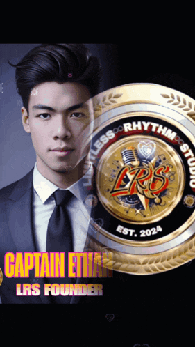a man in a suit and tie is standing in front of a gold emblem that says captain ethan lrs founder