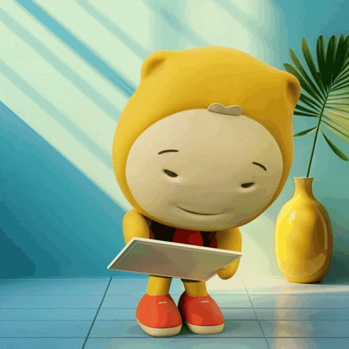 a cartoon character with a yellow hat is holding a tablet