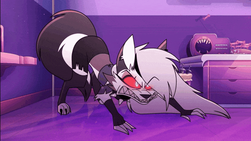 a cartoon drawing of a wolf with red eyes and red teeth
