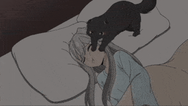 a black cat is laying on a woman 's head