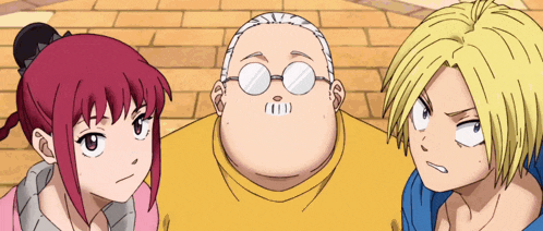 three anime characters are standing next to each other