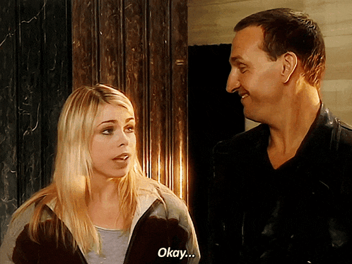 a man and a woman are standing next to each other and the woman says " okay "