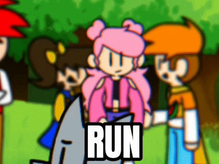 a group of cartoon characters are standing in a park and the word run is on the bottom right