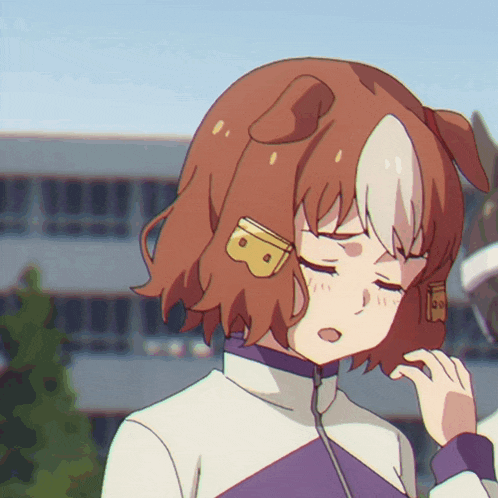 a close up of a girl with a dog ear