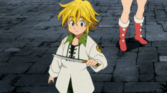 a cartoon character holding a knife with a woman in red boots in the background