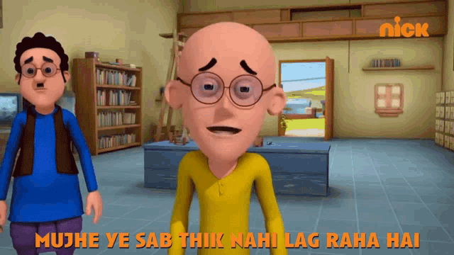 a cartoon of a bald man with glasses and a nick logo