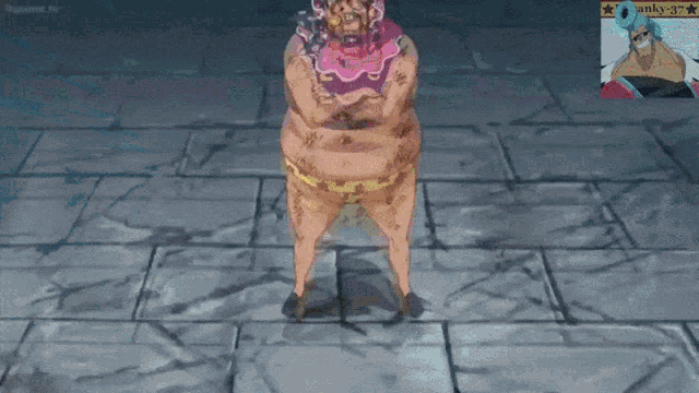a cartoon character is standing on a tiled floor with his arms crossed and a picture of franky behind him