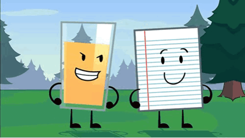 a paper and a glass of orange juice are standing next to each other in a field .
