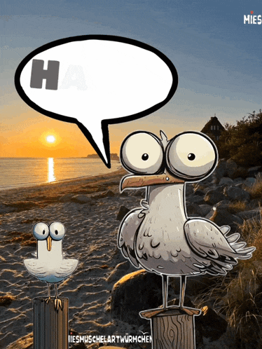 a cartoon of seagulls on a beach with a speech bubble that says " ha "