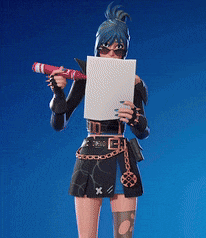 a woman with blue hair is holding a piece of paper in front of her face
