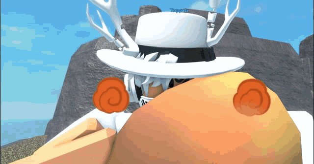 a cartoon character with a white hat and antlers has a name tag that starts with t on it