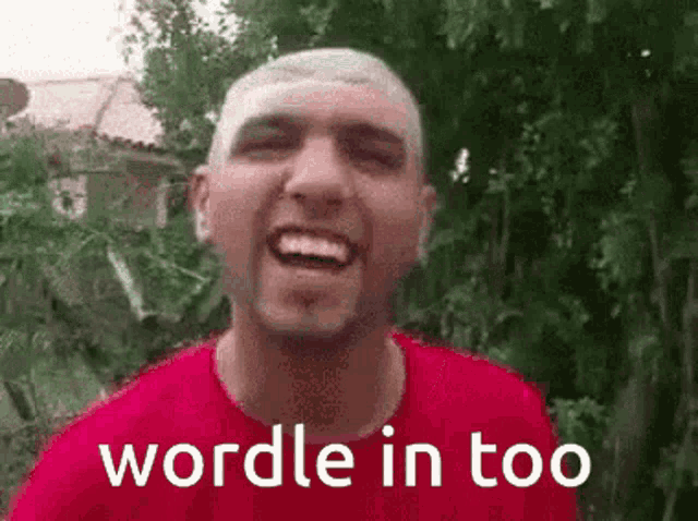 a man wearing a red shirt is smiling and says wordle in too