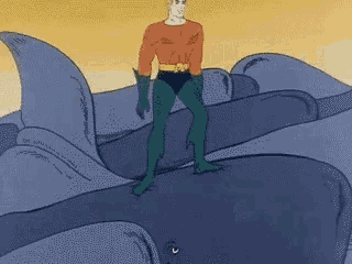 a cartoon of aquaman standing on top of a shark with the words come at me bro below him