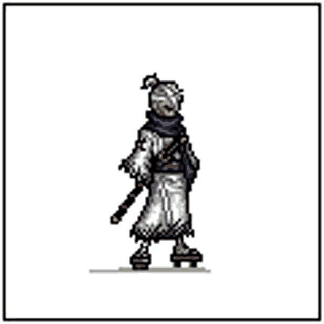 a pixel art of a samurai holding a sword and a mask .