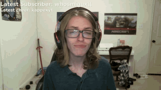 a man wearing glasses and headphones with the words latest subscriber whosmiguxl written above him