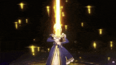 a girl with blonde hair is holding a golden sword in her hands .