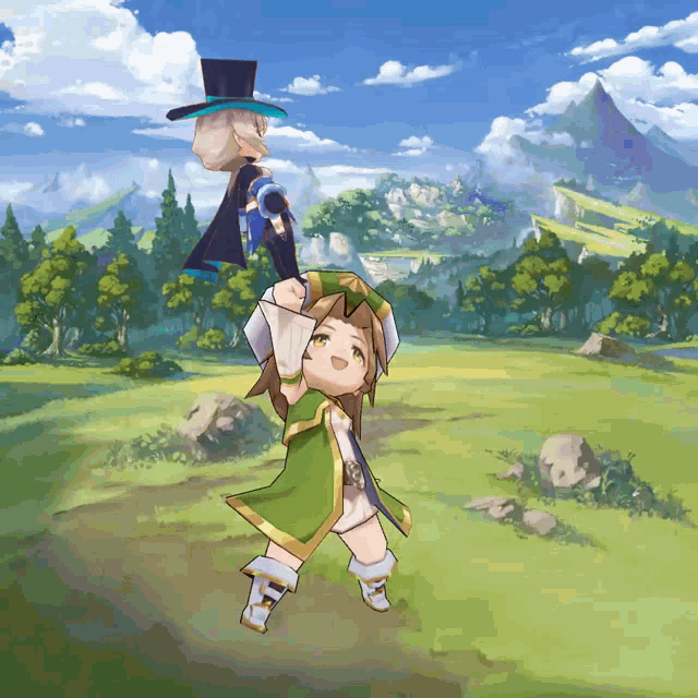 a girl in a green dress is holding a sword in a field