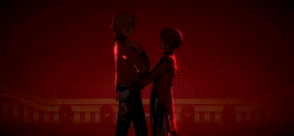 a couple of anime characters are standing next to each other in front of a red background .