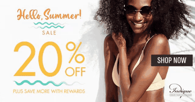 a woman wearing sunglasses and a bikini is advertising a 20 % off sale