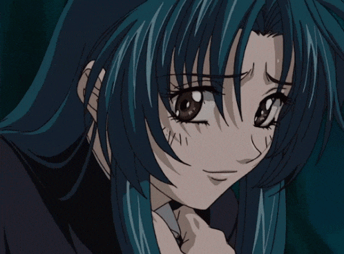 a close up of a blue haired anime character