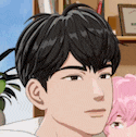 a close up of a cartoon character 's face with a pink haired girl behind him .