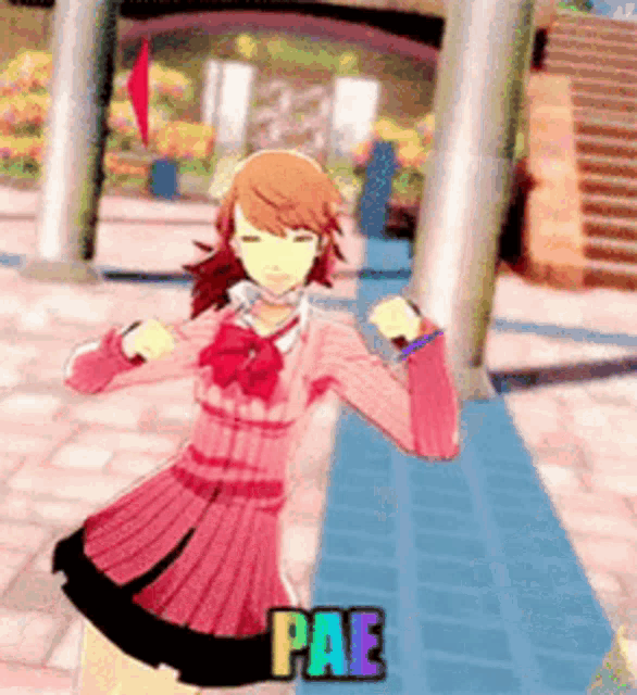 a girl in a pink dress is dancing in a video game with the word pae on the bottom
