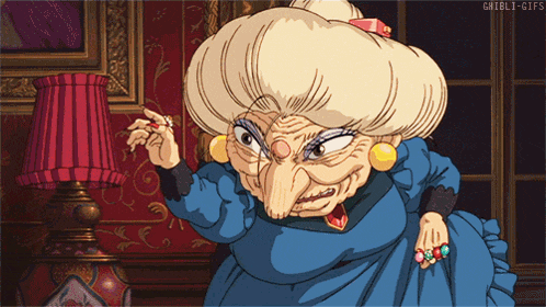 a cartoon drawing of an old woman with a very long nose and a blue dress