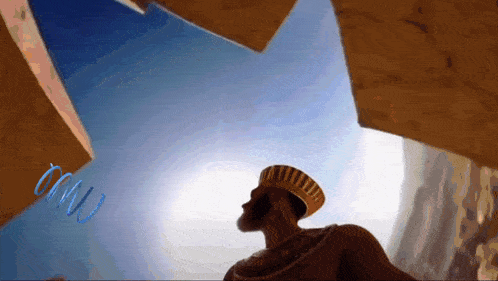 a man with a crown on his head is looking up at the sky