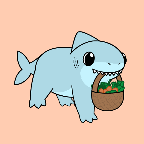 a cartoon shark is holding a basket of carrots