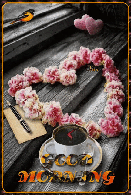 a picture of a cup of coffee and flowers with the words good morning on it