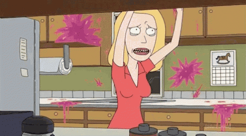 a cartoon of a woman standing in a kitchen with pink liquid coming out of the ceiling .