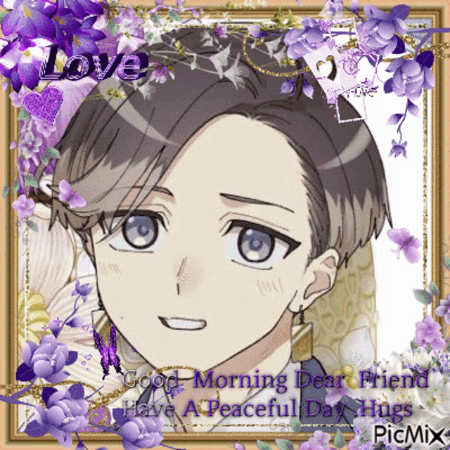 a picture of a boy surrounded by purple flowers with the words good morning dear friend have a peaceful day hugs