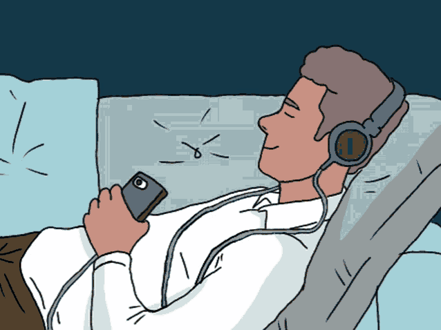 a cartoon drawing of a man listening to music