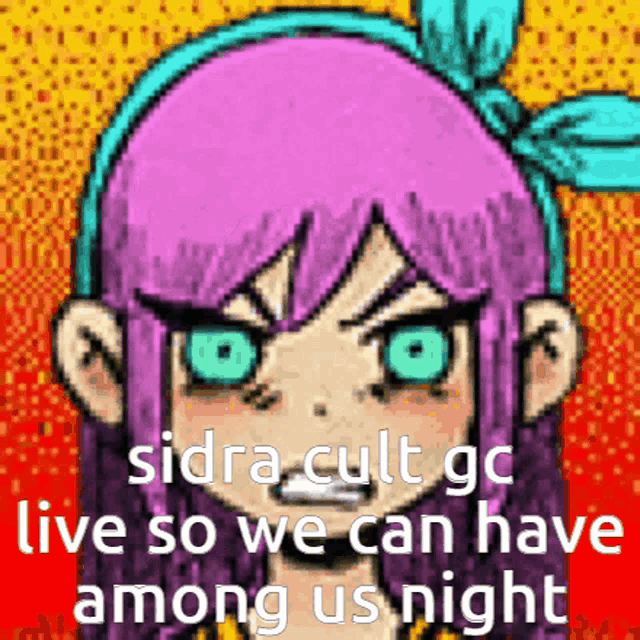 a pixel art of a girl with purple hair and blue eyes