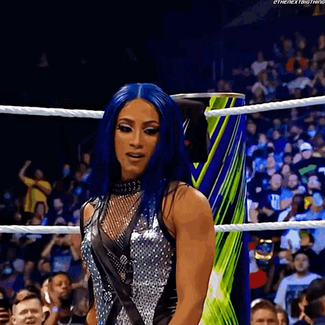 a woman with blue hair is in a wrestling ring .