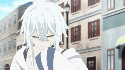 a white haired anime character stands in front of a building with his eyes closed