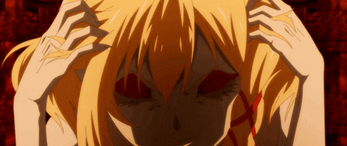 a close up of a girl with red eyes holding her head