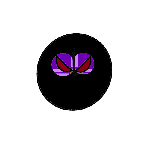 a black circle with a purple and red logo in the middle