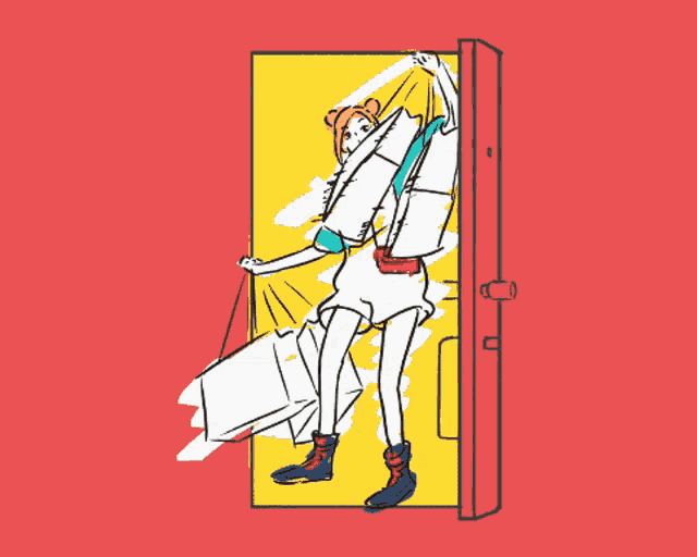 a drawing of a woman holding a refrigerator and a purse