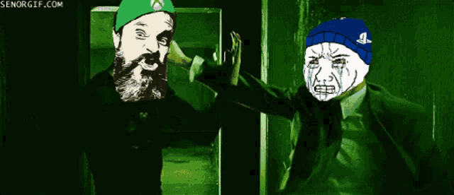 a man in a green hat and a man in a blue hat with the playstation logo