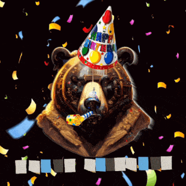 a bear wearing a party hat with the words happy birthday on it