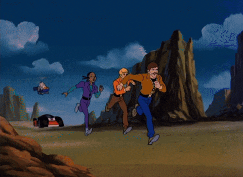 a group of cartoon characters running in a field