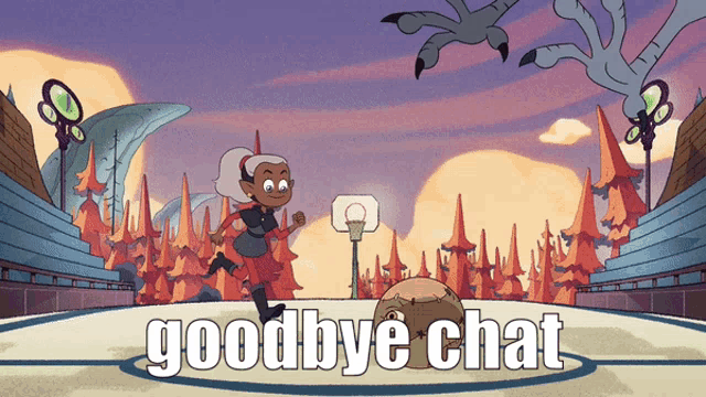 a cartoon of a girl running on a basketball court with the words goodbye chat above her