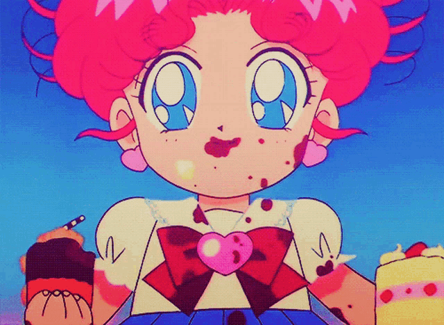 a girl with pink hair and a heart on her chest is holding a cake
