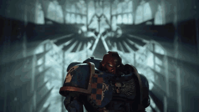 a space marine with a skull on his chest is standing in a dark room