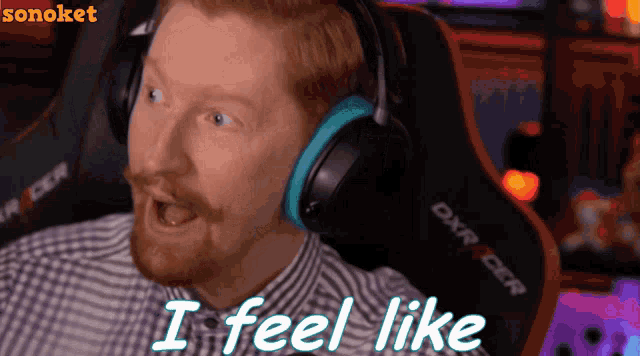 a man wearing headphones says " i feel like " in blue