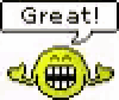 a pixelated smiley face with a speech bubble that says `` great '' .