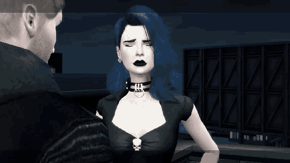 a woman with blue hair is wearing a choker and a skull necklace