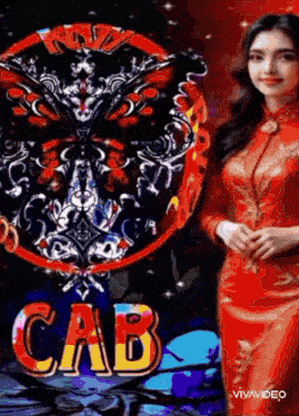 a woman in a red dress is standing in front of a circular design with the word cab on it .