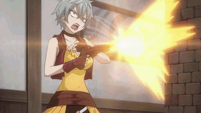 a girl in a yellow dress is holding a gun and shooting it